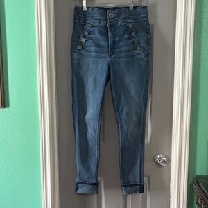 Express  Blue High-Rise Ankle Jeans with Button Accents